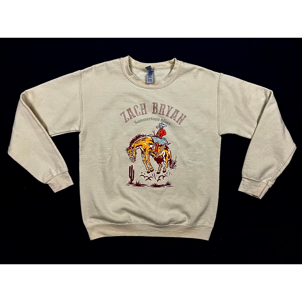 Zach Bryan Summertime Blues Cowboy Horse Graphic Crewneck Sweatshirt Tan Small